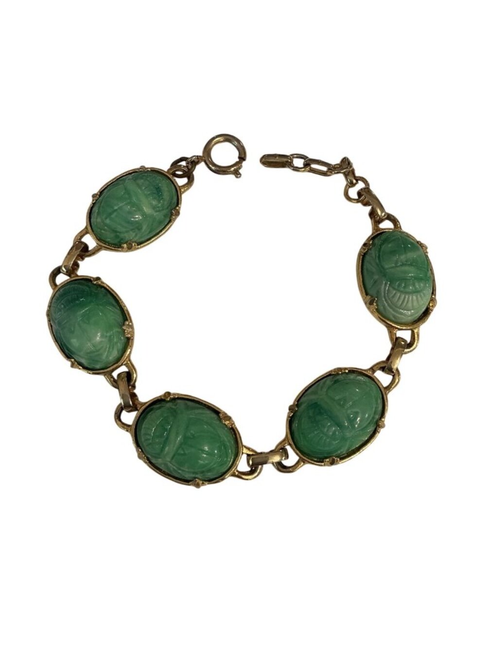 Vintage GoldTone Scarab Bracelet With Green Cabochons  Egyptian Revival Inspired - Picture 2 of 5